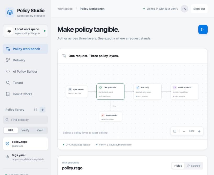 Policy Studio workbench. A sidebar lists the policy library with OPA, Agent Identity and Vault tabs. The main panel shows one request flowing through OPA guardrails, IBM Agent Identity and IBM (HashiCorp) Vault, with a request denied branch under OPA.