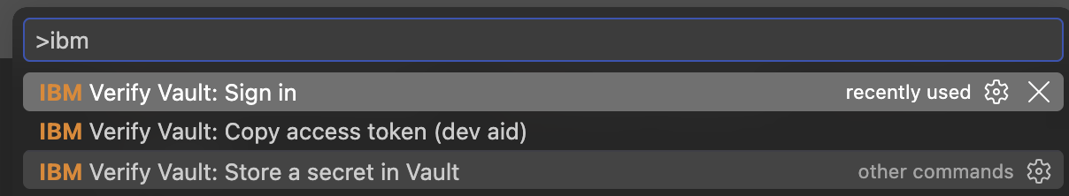 The VS Code command palette filtered on ibm, showing three commands: IBM Verify Vault: Sign in, IBM Verify Vault: Copy access token (dev aid), and IBM Verify Vault: Store a secret in Vault.