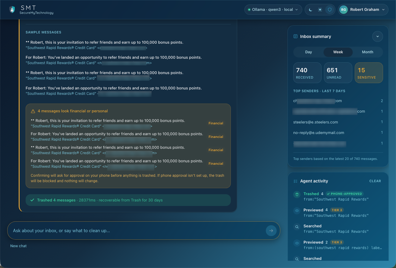 The inbox agent preview showing sample messages, a '4 messages look financial or personal' warning with Financial tags, a note that confirming will ask for phone approval, and a result: 'Trashed 4 messages · recoverable from Trash for 30 days,' with a PHONE-APPROVED marker in the activity log.