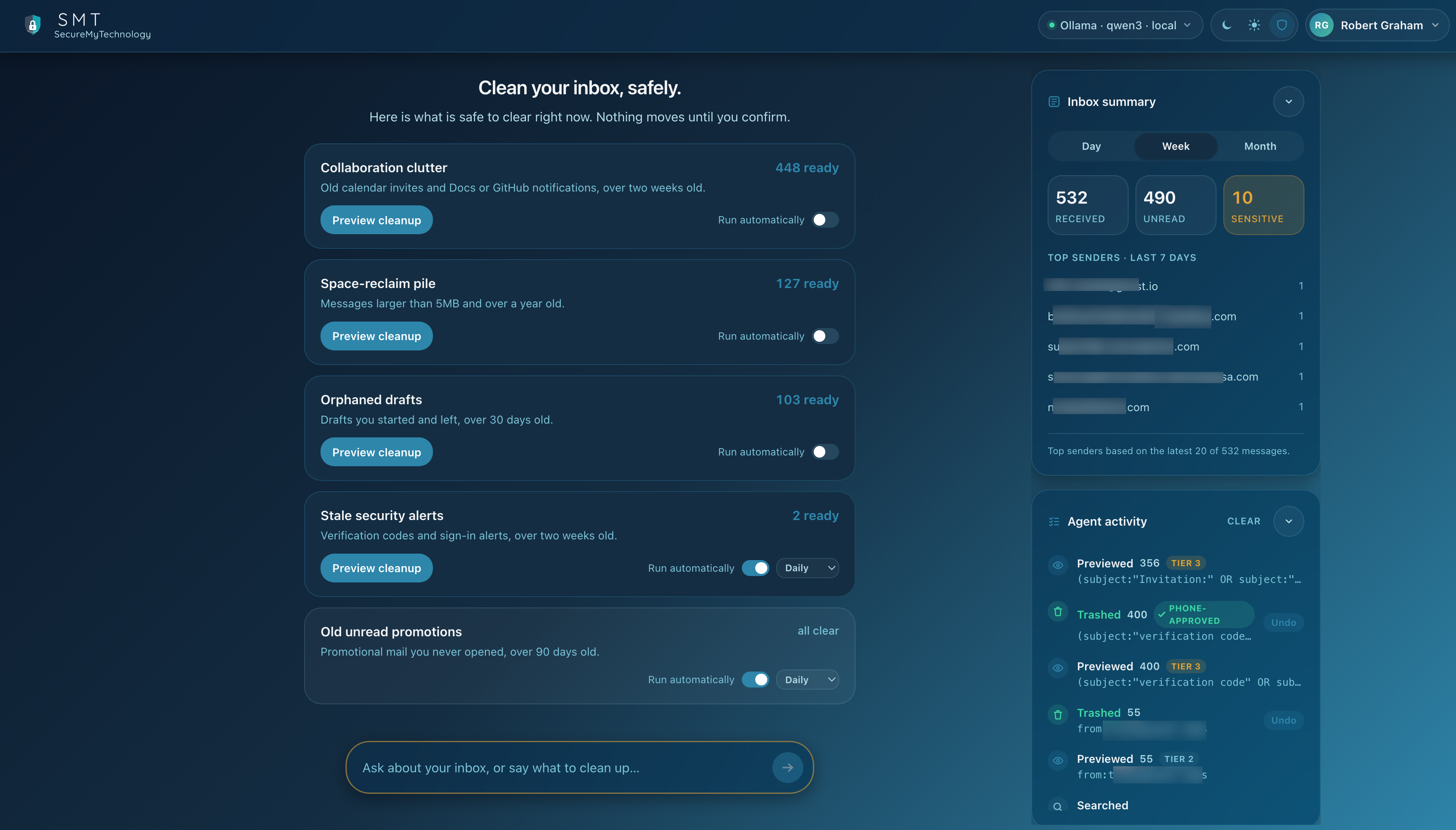 The inbox agent dashboard: cards for collaboration clutter, space-reclaim pile, orphaned drafts, stale security alerts, and old unread promotions, each with a ready count, a Preview cleanup button, and a Run automatically toggle.