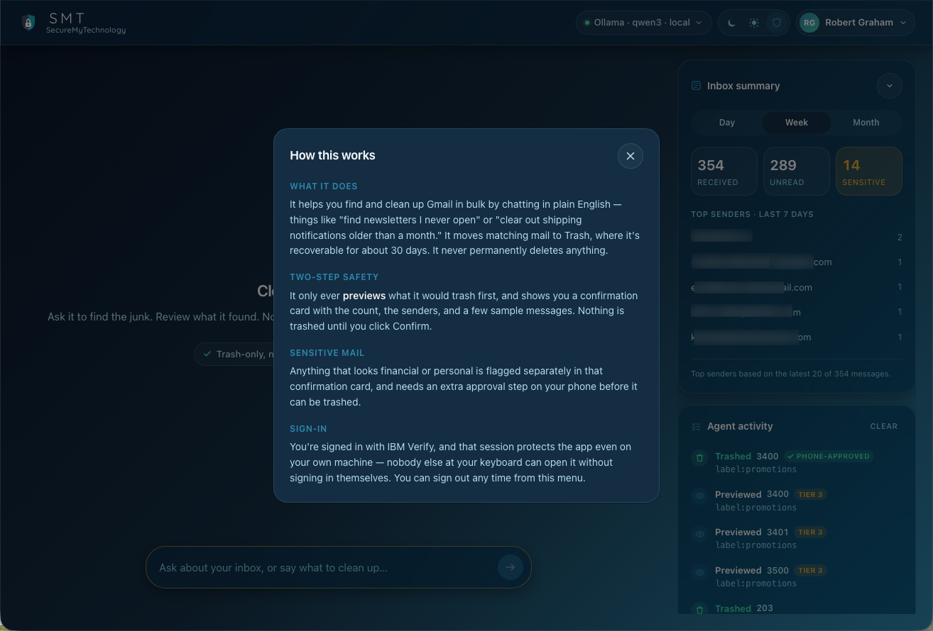 A 'How this works' panel explaining: what it does (bulk Gmail cleanup to Trash, never permanent delete), two-step safety (preview then confirm), sensitive mail (financial/personal flagged, needs phone approval), and sign-in with IBM Verify.