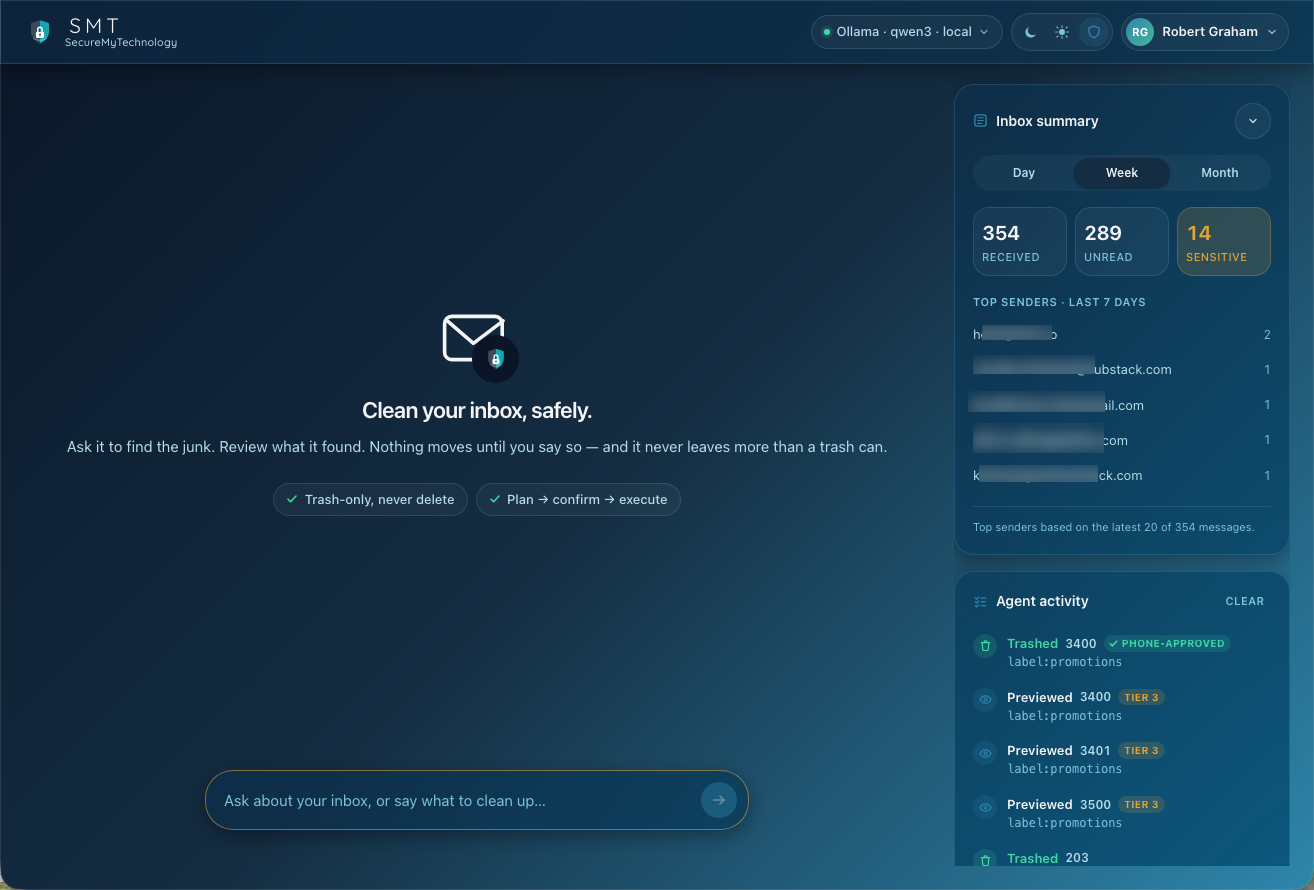 The inbox agent landing screen: 'Clean your inbox, safely.' with two badges, 'Trash-only, never delete' and 'Plan then confirm then execute', plus an inbox summary and agent activity log.
