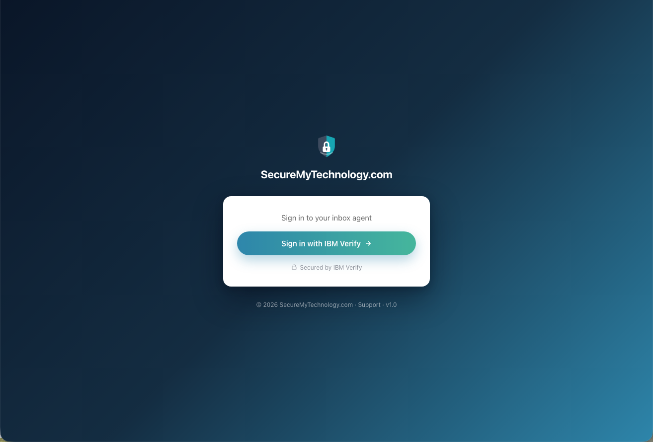 Sign-in screen for the inbox agent: 'Sign in to your inbox agent' with a 'Sign in with IBM Verify' button and 'Secured by IBM Verify.'